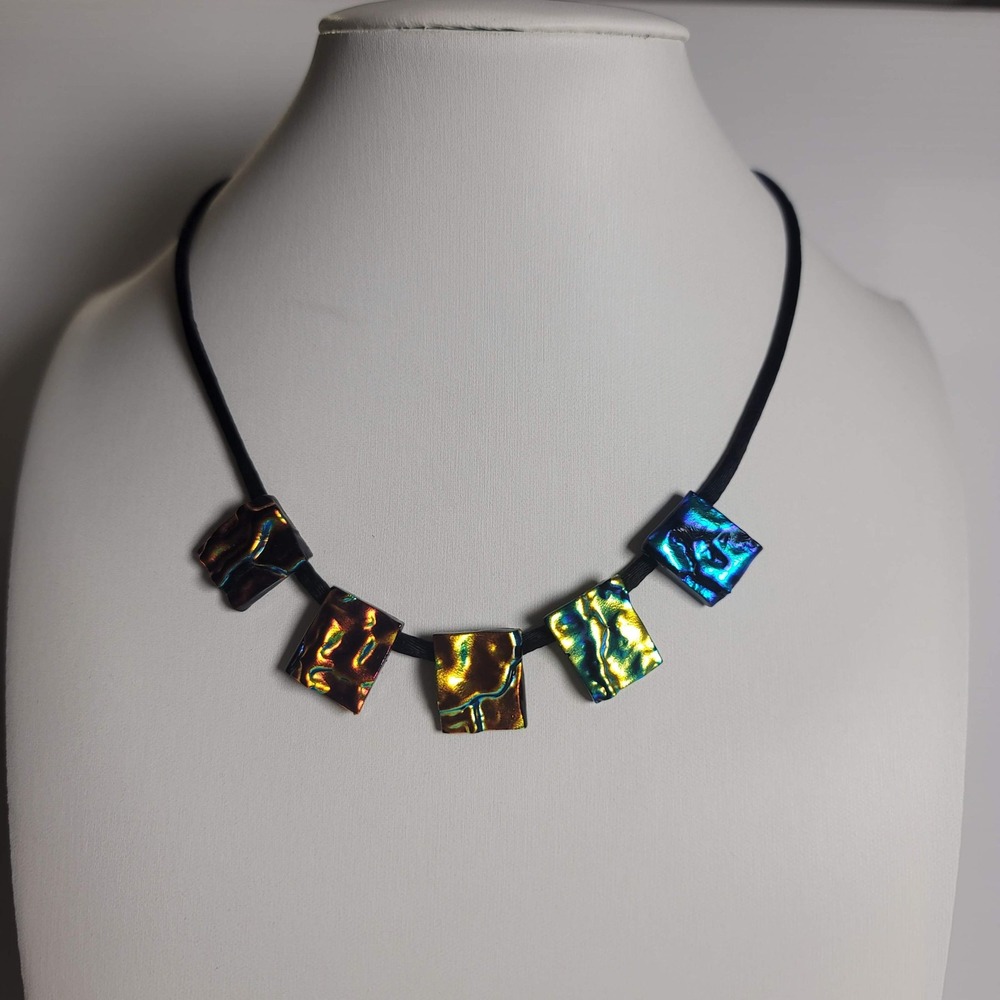 Dichroic Glass Iridescent Square Pendant Black Cord Necklace Multicolor Artisan